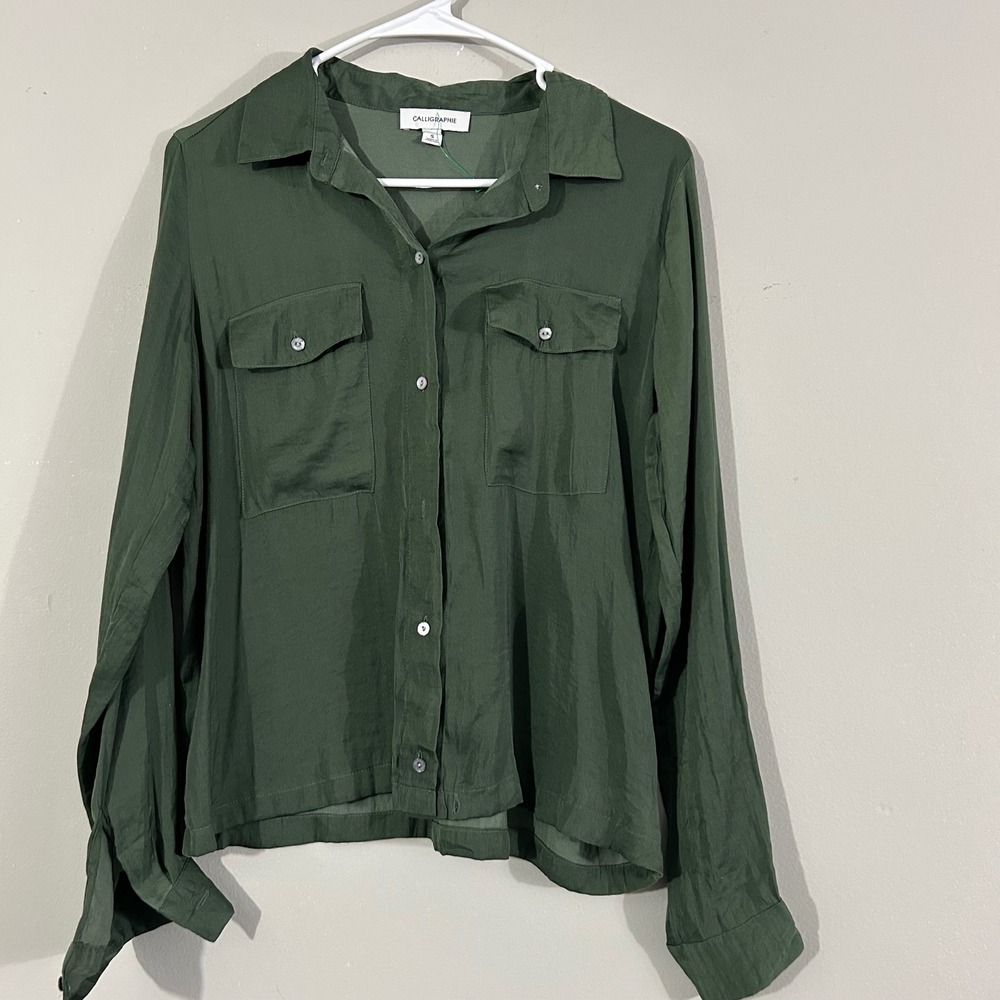 Callighraphie Women Green Button Up Long Sleeve Collared Pocket Shirt Size S